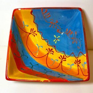 Colourful Square Ceramic Bowl Hand Painted Mexican Flare *read*